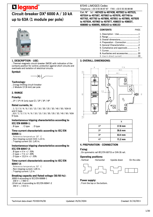 FICHA MAGNETOTERMICO up to 63A (1 module per pole)